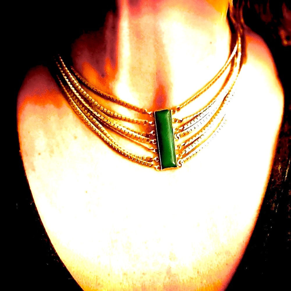 Elegant Vintage Multi-Strand Necklace with Green Glass Centerpiece